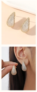 Macro detail and model wearing gold teardrop earrings with pavé set white zirconias
