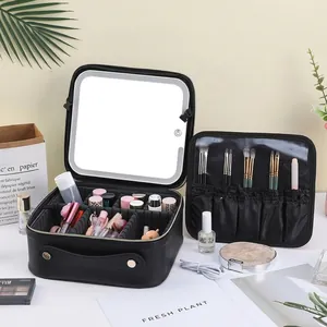 Portable LED mirror makeup case with adjustable dividers and black PU leather finish