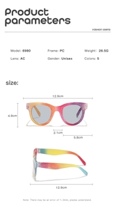 Detailed product parameters and dimensions for round glitter kids sunglasses model 6980