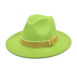 Detail view of neon green wool fedora hat featuring a sparkling gold glitter ribbon band