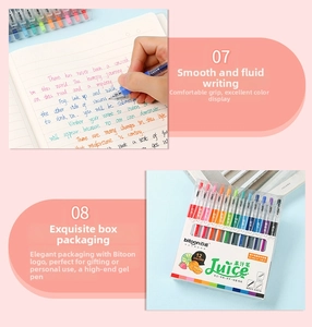 Detail view of 12-color quick-dry gel pen set and handwriting on a notebook paper