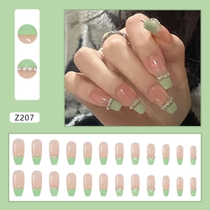 French green ballerina press-on nails with chain and rhinestones 24pcs set