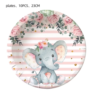 Detail of 10-piece pink elephant and flower party paper plates, 23cm diameter