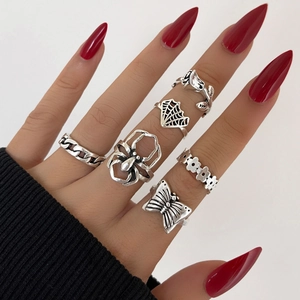 Set di 6 anelli vintage argento con ragno e farfalla in stile punk gotico da donna