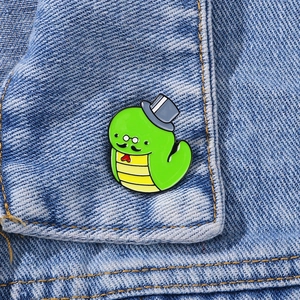 Cute Cartoon Green Snake Enamel Pin Brooch Gentleman Style With Top Hat Mustache Alloy Badge For Backpack Clothing Decor