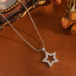 Silver stainless steel star pendant necklace with cubic zirconia on a snake chain