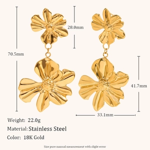 Statement 18K gold plated stainless steel double flower dangle earrings for women