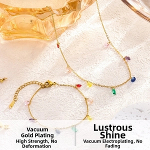 Detailed macro view of 18K gold-plated necklace and bracelet set with rainbow gemstones