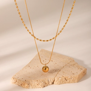 Double layer gold stainless steel necklace with rice chain and spherical pendant