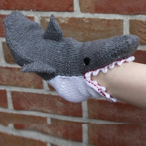 Funny grey knitted shark socks with 3D fins and teeth design for cozy winter floor wear