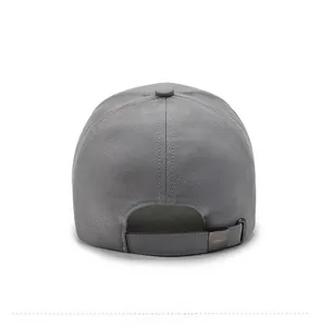 Rear view of grey baseball cap showing textured fabric and adjustable metal buckle