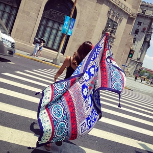 Ethnic bohemian style oversized summer shawl with floral print and fringe tassels