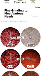 Electric grinder detail showing grain fineness after 5 to 30 seconds of grinding