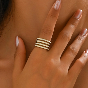 Stainless Steel Multi Layer Ring Geometric Cubic Zirconia Adjustable Open Band Fashion Jewelry Women