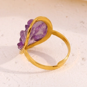 Anello regolabile in acciaio inossidabile placcato oro 18K con ametiste viola