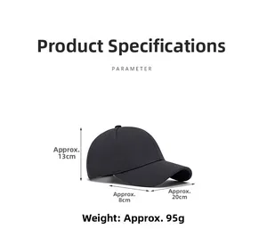 Detailed view of black baseball cap with dimensions: 13cm height and 8cm brim length
