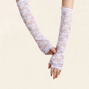 Elegant white lace sun protection fingerless gloves with floral hollow embroidery