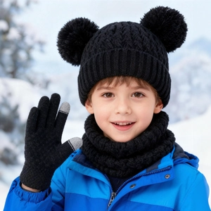 Kids black knit winter set with dual pom-poms, neck warmer and touchscreen gloves
