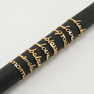 18K gold plated stainless steel adjustable open ring with engraved luck and love letters