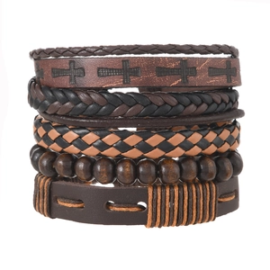 Detail of multi-layer retro bracelet set with braided leather and wooden beads