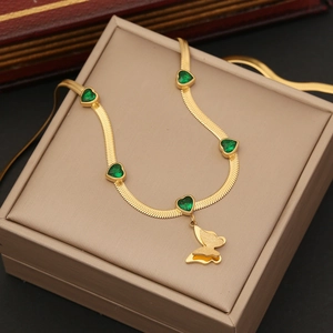 Butterfly Jewelry Stainless Steel Gold Plated Emerald Green Zircon Necklace Bracelet Earrings Snake Chain For Women