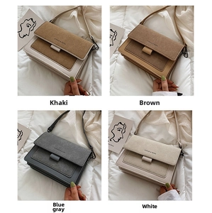 Four colors of square crossbody bags with wide straps in khaki, brown, blue and white