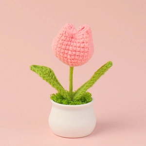 Handmade crochet pink tulip in white ceramic pot for home office decor gift