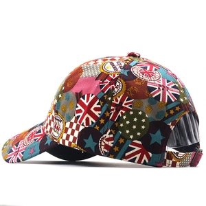 Detail view of graffiti baseball cap with British flag and London text prints