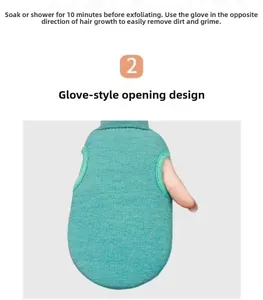 Close-up of green exfoliating bath glove texture and ergonomic thumb hole design