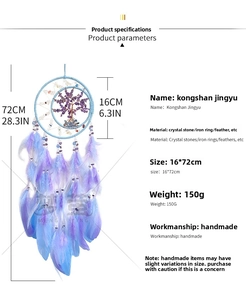 Detail of dream catcher featuring purple crystal tree of life and blue feathers