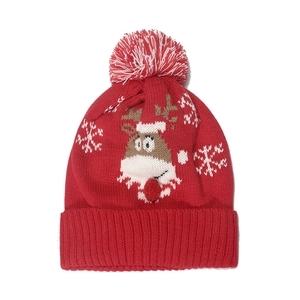 Rote Weihnachtsstrickmütze mit Rentier-Jacquardmuster und flauschigem Bommel oben