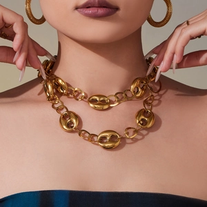 Collier à maillons grain de café en acier inoxydable doré 18k avec boucles d'oreilles