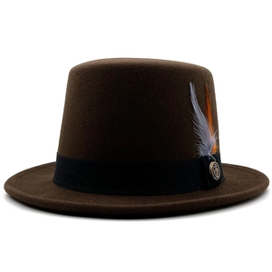 Detailed close-up of a brown wool flat top hat with feather and metal badge decor