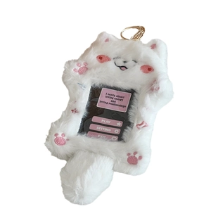 White plush cat card holder keychain with pink embroidery and golden keyring on white background