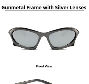 Front view of Y2K futuristic steampunk sunglasses with gunmetal frame and silver mirror lenses
