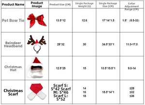 Size chart showing dimensions for Christmas pet headbands, collars, and hats