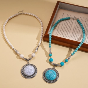 Bohemian style beaded sweater necklaces with turquoise and howlite round pendants