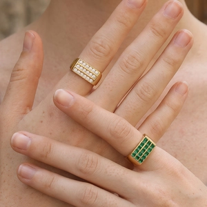 Elegant Square Zircon Ring For Women 18K Gold Plated Copper Geometric Three Rows Adjustable Open Design Jewelry Retro Style