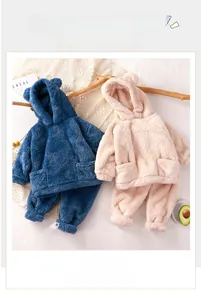 Détails du polaire corail épais et doux des pyjamas à capuche oreilles d'ours enfant