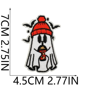 Close-up of Halloween ghost embroidery patch with precise 7cm by 4.5cm dimension markings