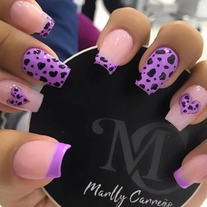 Press On Nails French Tip Heart Leopard Print Purple Pink Plastic Detachable Artificial False Nails For Women Salon Style
