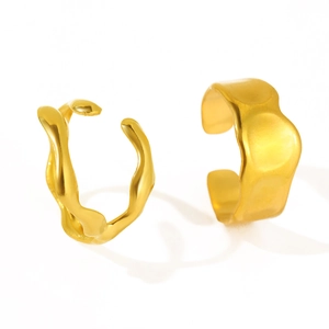 Minimalist gold-plated stainless steel irregular ear cuffs with smooth wavy design