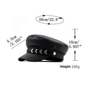 Black PU leather octagonal cap for women with chain detail and specific size measurements