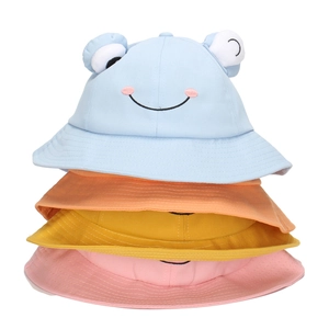 Stack of colorful cotton frog bucket hats for toddlers in blue orange yellow and pink