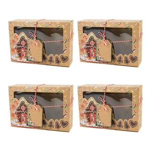 Set of 4 kraft paper Christmas cookie boxes with window, red twine and gift tags