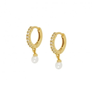 Close-up of gold-plated hoop earrings featuring small diamonds and white pearls