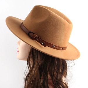 British retro tan wool felt jazz hat with dark brown leather belt and metal buckle