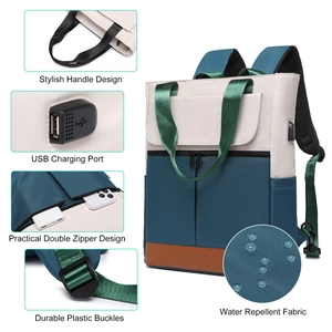 Detail view of water repellent fabric, USB charging port and double zipper on travel backpack