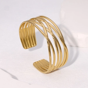 Bracelet Manchette Croisé Multicouche Géométrique Acier Inoxydable Plaqué Or Design Ouvert Minimaliste Pour Femmes Mode