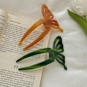 Elegant acetate butterfly hair pin sticks in amber and dark green handmade hair accessories